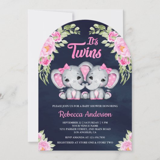 ツインガールズピンクフローラゾウ海軍ベビーシャワー 招待状 (正面)