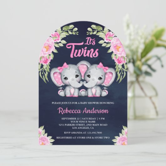 ツインガールズピンクフローラゾウ海軍ベビーシャワー 招待状 (スタンド正面)