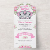 ツインガールズピンクフローラゾウ赤ちゃんシャワー オールインワン招待状 (内側)