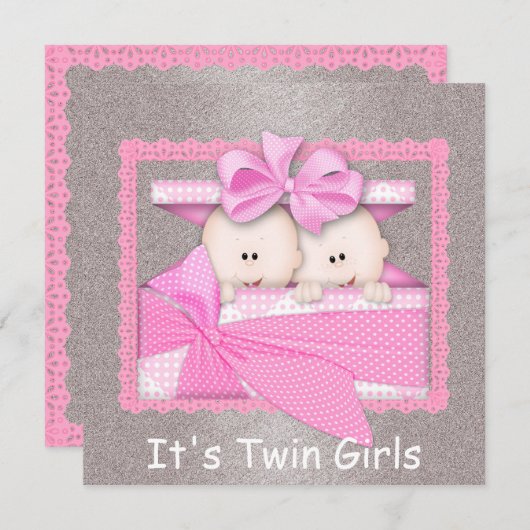 ツインガールズピンクベビーシャワー招待状 招待状 (正面/裏面)