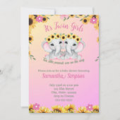 ツインガールズピンク象ひまわり赤ちゃんシャワー 招待状 (正面)