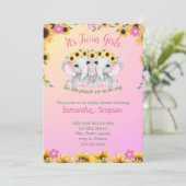 ツインガールズピンク象ひまわり赤ちゃんシャワー 招待状 (スタンド正面)