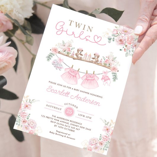 ツインガールズピンク赤ちゃん服女の子ベビーシャワー 招待状