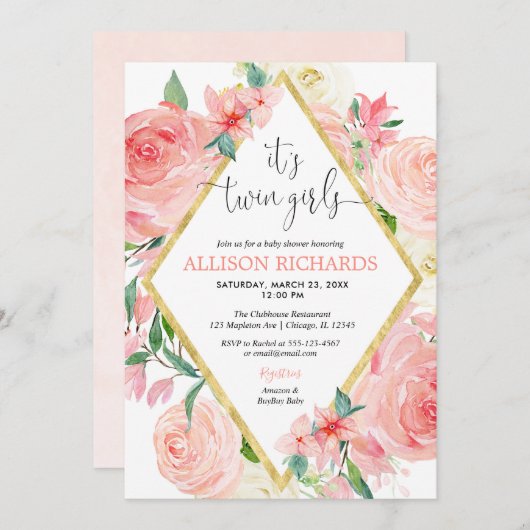 ツインガールズピンク金ゴールドフローラ水彩ベビーシャワー 招待状 (正面/裏面)