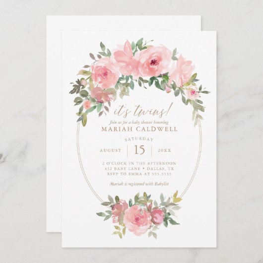 ツインガールズピンク金ゴールドフローラ緑ベビーシャワー 招待状 (正面/裏面)