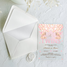 ツインガールズベアーピンクバルーン赤ちゃんシャワー アクリル招待状