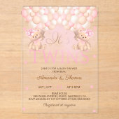ツインガールズベアーピンクバルーン赤ちゃんシャワー アクリル招待状 (正面)