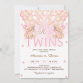 ツインガールズベアーピンクバルーン赤ちゃんシャワー 招待状 (正面)