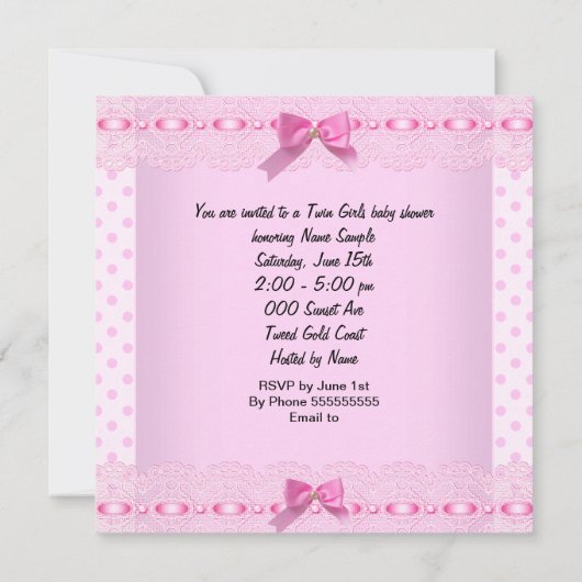 ツインガールズベビーシャワーピンク水玉模様 招待状 (裏面)