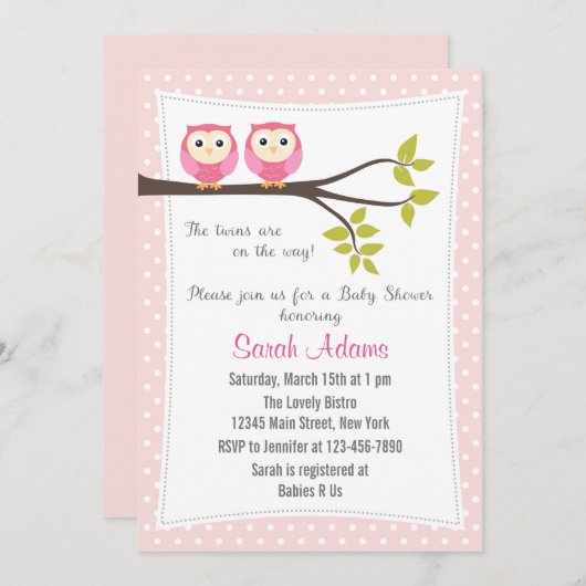 ツインガールズベビーシャワー招待状ピンク 招待状 (正面/裏面)