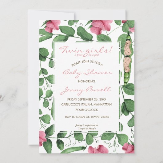 ツインガールズベビーシャワー2つの豆ポッド招待状 招待状 (正面)