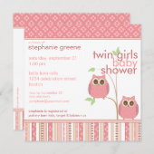 ツインガールズベビーフクロウピンクベビーシャワー 招待状 (正面/裏面)