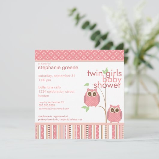 ツインガールズベビーフクロウピンクベビーシャワー 招待状 (スタンド正面)