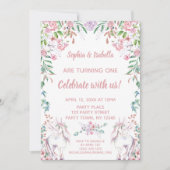 ツインガールズユニコーングリッターファースト誕生日 招待状 (正面)