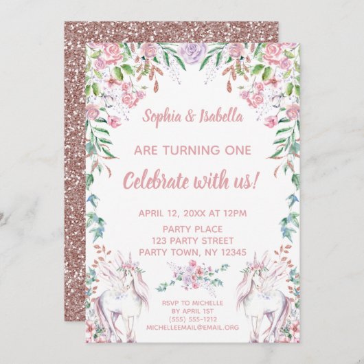 ツインガールズユニコーングリッターファースト誕生日 招待状 (正面/裏面)