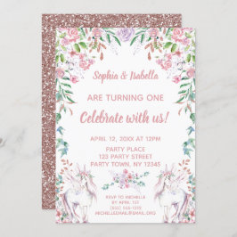 ツインガールズユニコーングリッターファースト誕生日 招待状