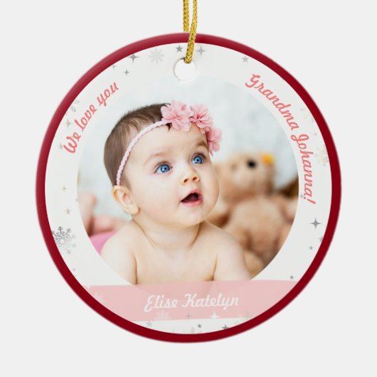 ツインガールズ写真おばあちゃんかわいい初めてのクリスマスベビー セラミックオーナメント (正面)