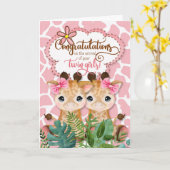 ツインガールズ新生児ジャングルテーマおめでとう カード (黄色い花)