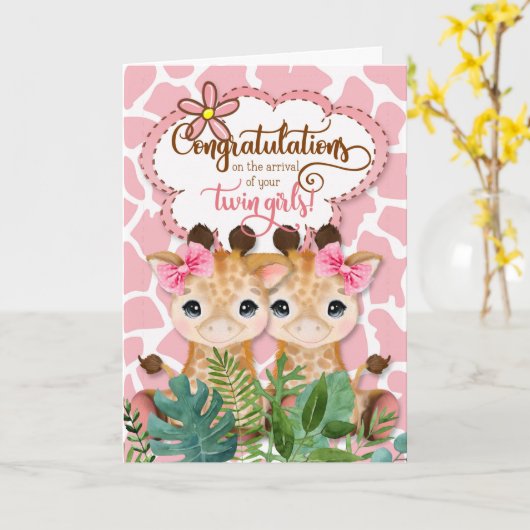 ツインガールズ新生児ジャングルテーマおめでとう カード (黄色い花)