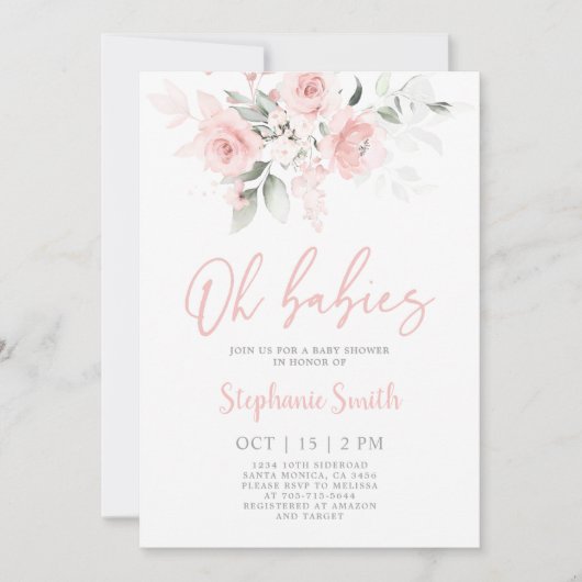 ツインガールズ赤面ピンクベビーシャワーガール招待状 招待状 (正面)