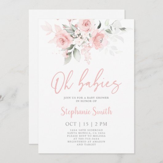 ツインガールズ赤面ピンクベビーシャワーガール招待状 招待状 (正面/裏面)