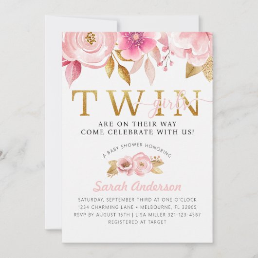 ツインガールズ赤面ピンクベビーシャワー招待状 招待状 (正面)
