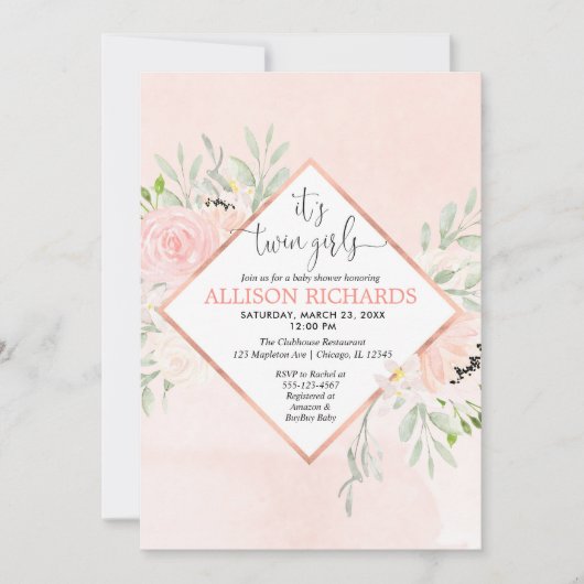 ツインガールズ赤面ピンクローズ金ゴールドフローラベビーシャワー 招待状 (正面)