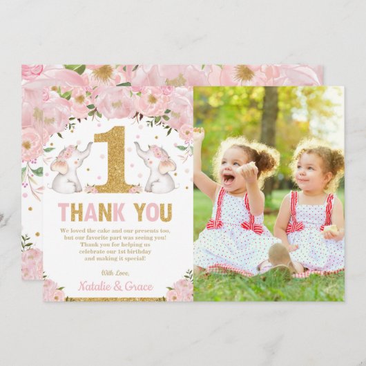 ツインガールズ1歳の誕生日ピンクフローラ象写真 サンキューカード (正面/裏面)