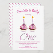 ツインガールズ1stバースデーピンクカップケーキパーティー 招待状 (正面/裏面)