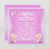 ツインガールズ&バルーンピンクベビーシャワー 招待状 (正面/裏面)