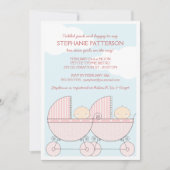 ツインガールピンクのキャリッジ幸せな赤ちゃんシャワー 招待状 (正面)