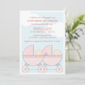 ツインガールピンクのキャリッジ幸せな赤ちゃんシャワー 招待状 (スタンド正面)