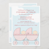 ツインガールピンクのキャリッジ幸せな赤ちゃんシャワー 招待状 (正面/裏面)