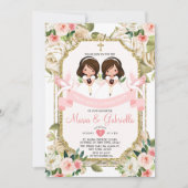 ツインガールピンクの花の最初の聖餐式金ゴールド 招待状 (正面)