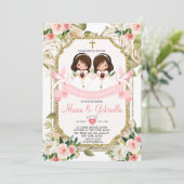 ツインガールピンクの花の最初の聖餐式金ゴールド 招待状 (スタンド正面)