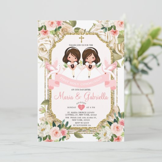 ツインガールピンクの花の最初の聖餐式金ゴールド 招待状 (スタンド正面)