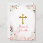 ツインガールピンクの花の最初の聖餐式金ゴールド 招待状 (裏面)