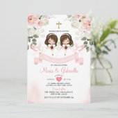 ツインガールピンクの花1st聖餐式金ゴールド 招待状 (スタンド正面)