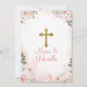 ツインガールピンクの花1st聖餐式金ゴールド 招待状 (裏面)