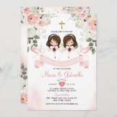 ツインガールピンクの花1st聖餐式金ゴールド 招待状 (正面/裏面)