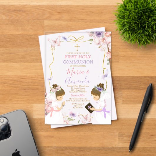 ツインガールピンクパープルバタフライ1st聖餐式 アクリル招待状 (インサイチュ (招待状))