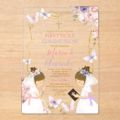 ツインガールピンクパープルバタフライ1st聖餐式 アクリル招待状 (正面)