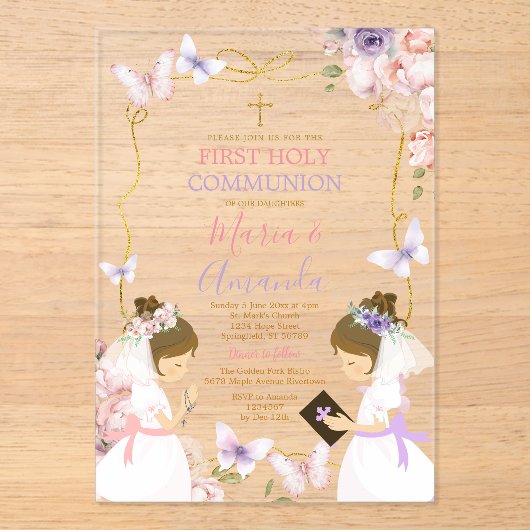 ツインガールピンクパープルバタフライ1st聖餐式 アクリル招待状 (正面)