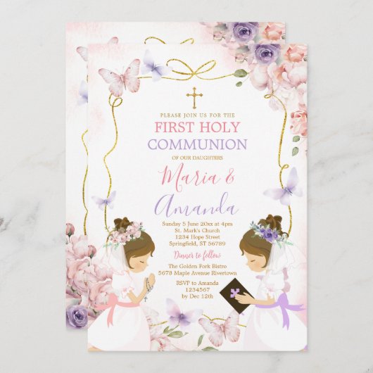 ツインガールピンクパープルバタフライ1st聖餐式 招待状 (正面/裏面)