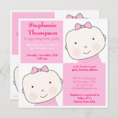 ツインガールピンクブロックベビーシャワー招待状 招待状 (正面/裏面)