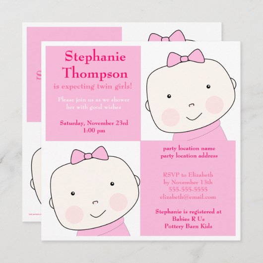 ツインガールピンクブロックベビーシャワー招待状 招待状 (正面/裏面)