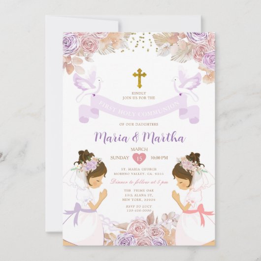 ツインガールファースト聖体聖体紫ピンクフローラ 招待状 (正面)