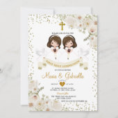 ツインガールホワイトフラワー1st聖餐式金ゴールド 招待状 (正面)