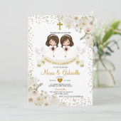 ツインガールホワイトフラワー1st聖餐式金ゴールド 招待状 (スタンド正面)