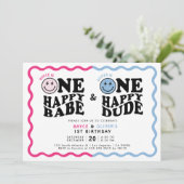 ツインガールボーイワンハッピーバーベ&デュード1歳の誕生日 招待状 (スタンド正面)